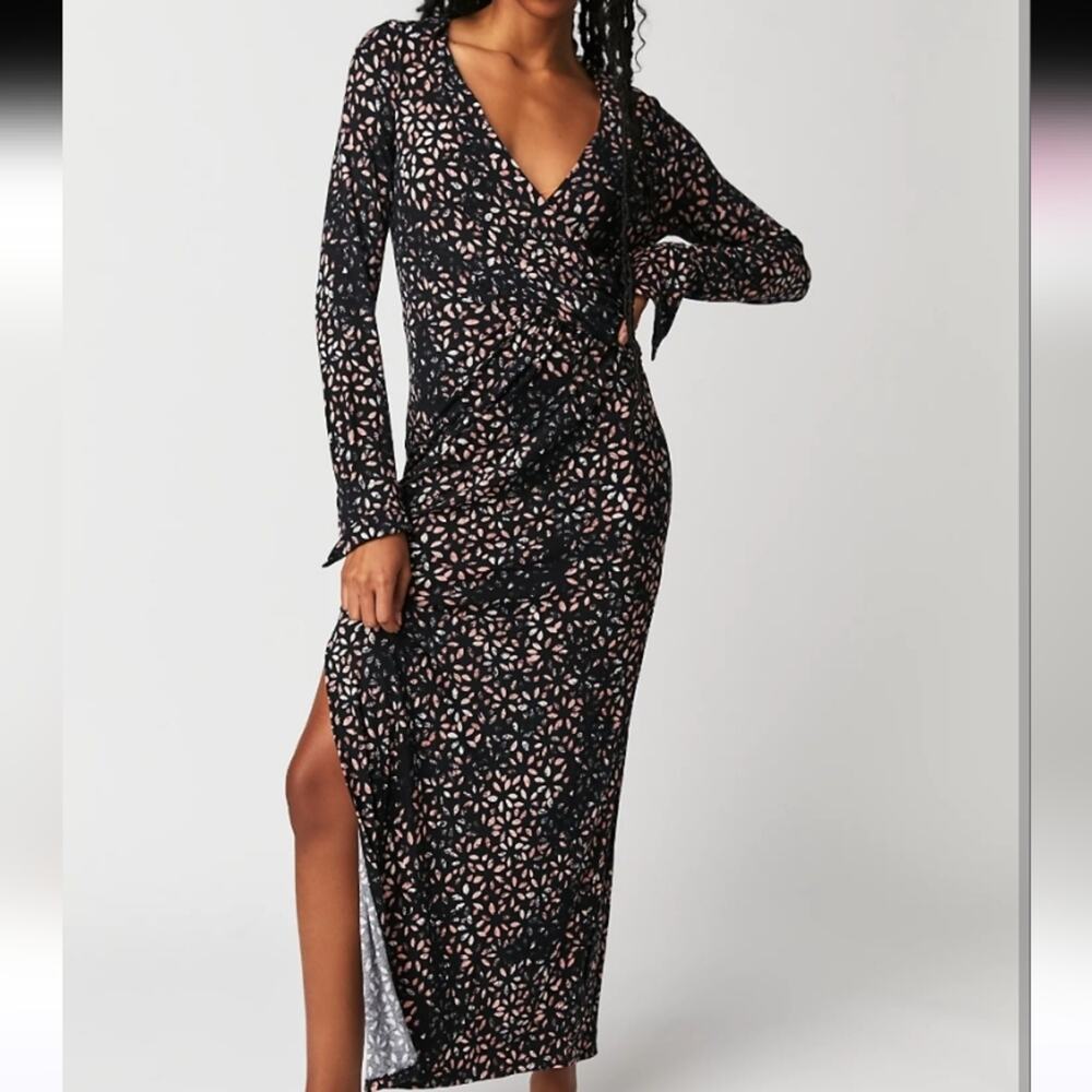 Free People Black Midi Wrap Dress with Pink Floral Print